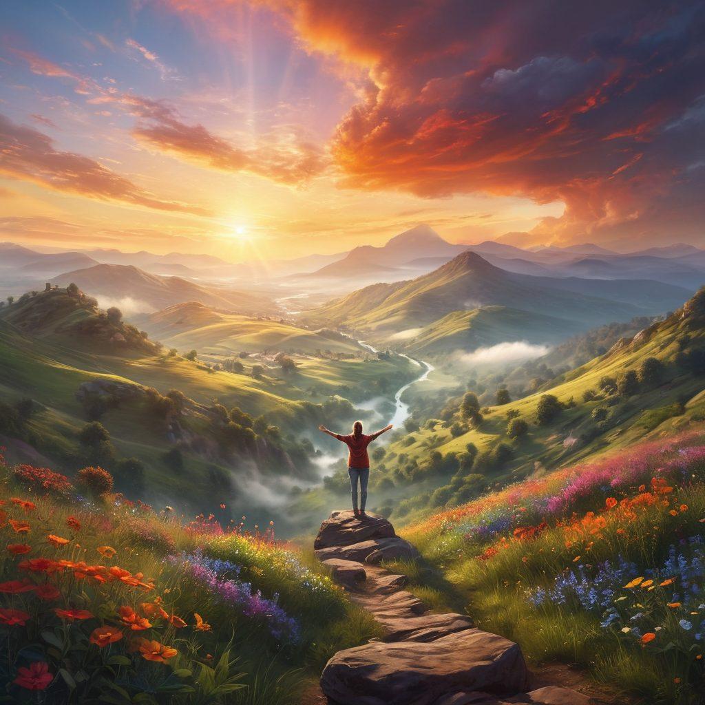 A serene landscape featuring a person standing on a mountaintop, arms outstretched toward a radiant sunrise, symbolizing bliss and euphoria. Surround the scene with lush greenery and a gentle mist rising from the valley below, dotted with vibrant wildflowers. Include subtle hints of magical elements like ethereal lights or a rainbow in the sky to enhance the feeling of happiness. super-realistic. vibrant colors. dreamy atmosphere.
