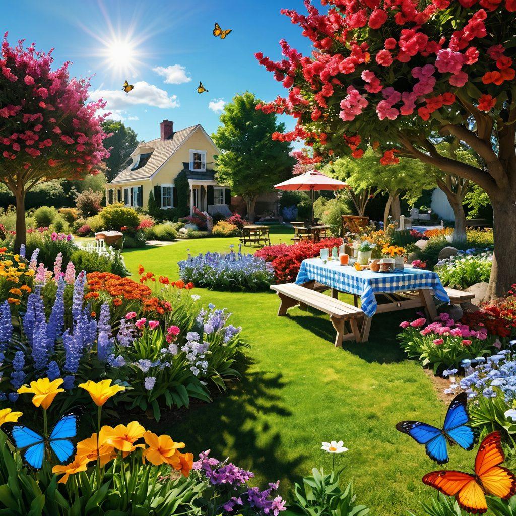 A serene landscape featuring a blooming garden filled with colorful flowers, a radiant sun shining down, and a diverse group of people laughing and engaging in joyful activities. Include elements like butterflies fluttering, a picnic setup, and bright blue skies to symbolize happiness and mirth. Emphasize warm, inviting colors and a sense of community. super-realistic. vibrant colors. 3D.