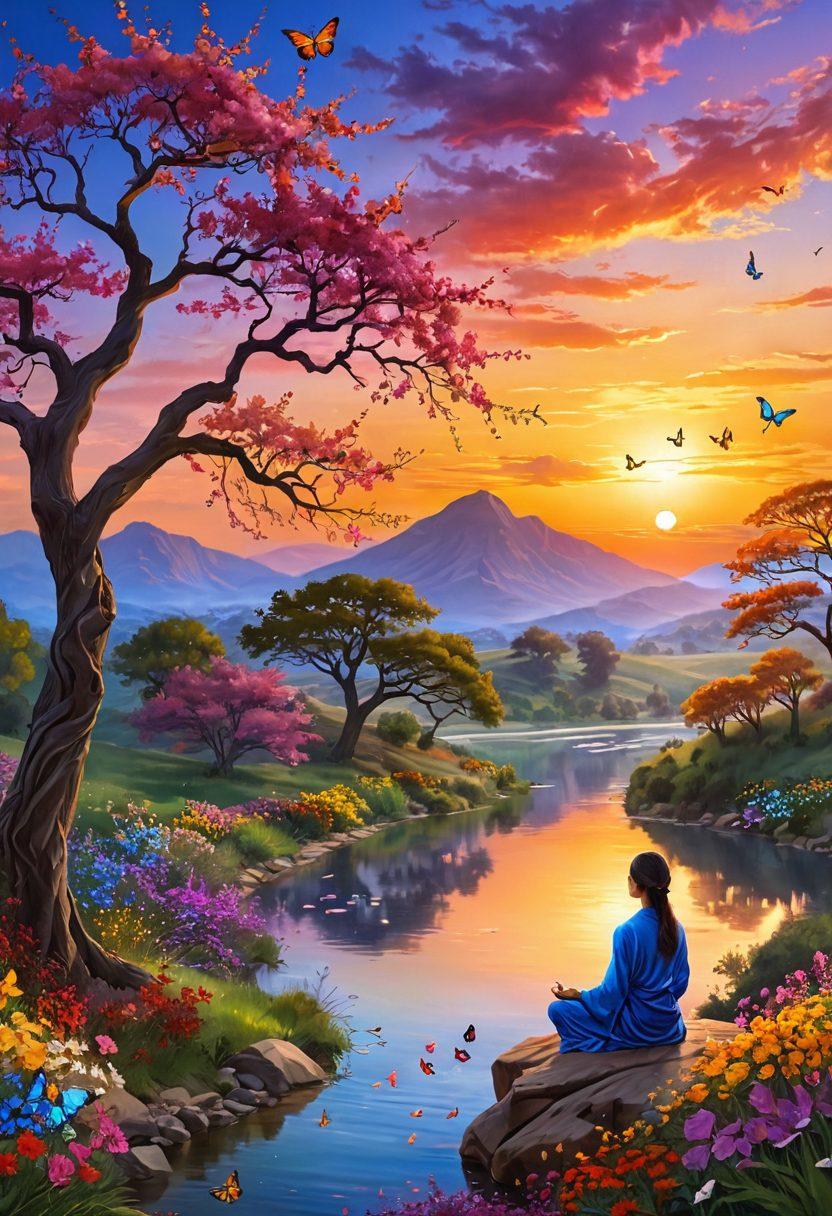 A serene landscape transitioning from a bright sunrise symbolizing elation to a vibrant sunset depicting euphoria, with gentle hills and a flowing river. Include a figure meditating under a blooming tree, surrounded by colorful flowers and butterflies. The sky should be filled with warm gradients, creating a peaceful yet uplifting atmosphere. super-realistic. vibrant colors. panoramic view.